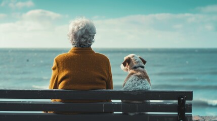 An elderly woman and her dog sitting on a bench overlooking a serene ocean under a cloudy sky. - Powered by Adobe