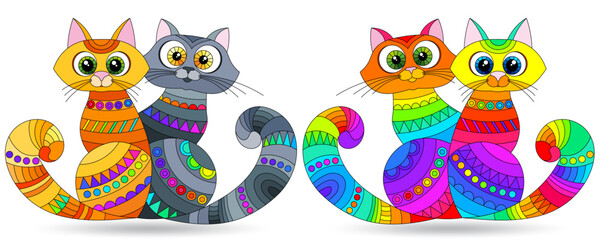 Stained glass illustration with a pair of bright rainbow cats, animals isolated on a white background