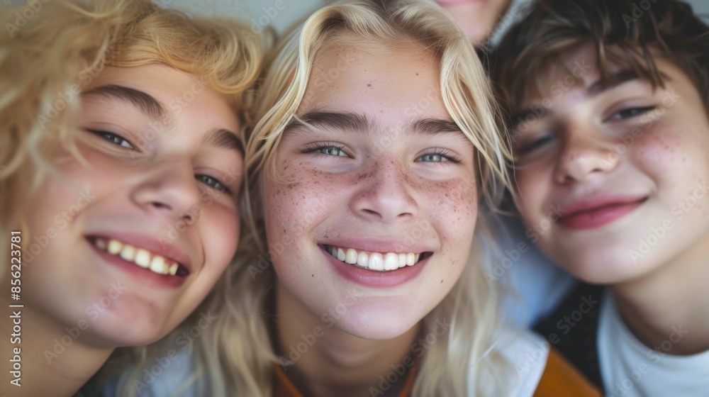 Sticker Three young individuals with blonde hair freckles and bright smiles posing closely together for a selfie.