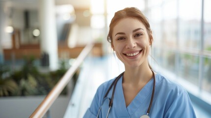 Fototapeta premium Smiling female nurse in blue scrubs standing in a well-lit hospital corridor with large windows and potted plants.