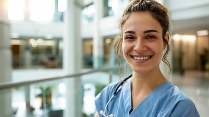 Fototapeta premium Smiling young woman in blue scrubs standing in a modern well-lit hospital corridor with large windows and a view of greenery.