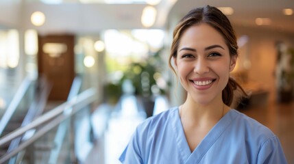Fototapeta premium Smiling female nurse in blue scrubs standing in a well-lit hallway with blurred background.