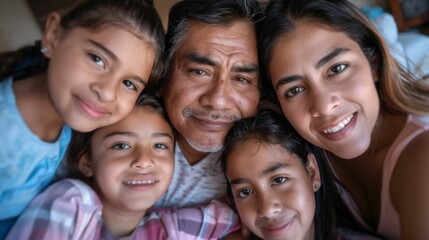 Fototapeta premium A warm family moment captured with a smiling man and three young girls all embracing each other creating a sense of love and togetherness.