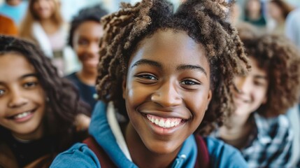 Fototapeta premium A young girl with curly hair smiling at the camera surrounded by a group of children in a classroom setting.