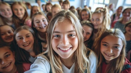 Obraz premium A group of young girls posing for a selfie smiling and looking directly at the camera with one girl holding the phone to capture the moment.