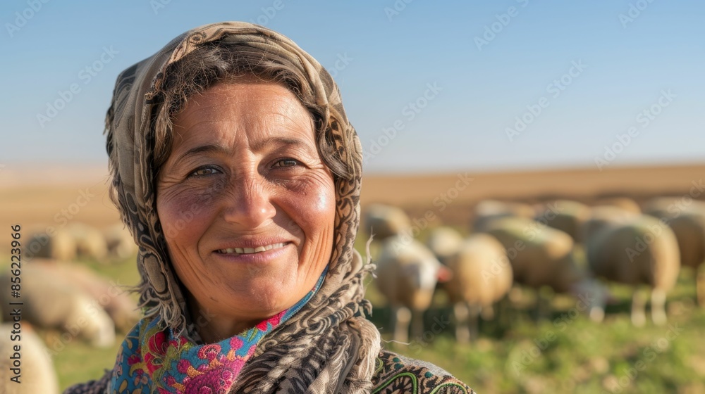 Sticker A smiling woman with a headscarf standing amidst a flock of sheep in a field under a clear sky.