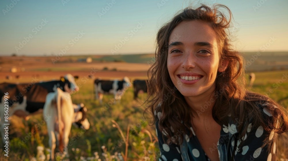 Wall mural A smiling woman with curly hair wearing a polka dot blouse standing in a field with grazing cows at sunset.