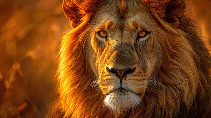 Fototapeta premium Majestic Lion Portrait in Golden Light of African Savanna at Sunset