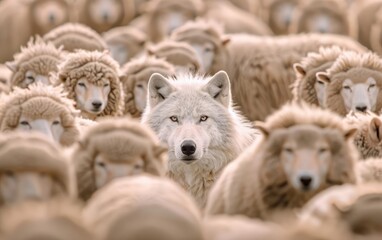 A lone white wolf camouflaged among a flock of brown sheep, symbolizing uniqueness and blending in.