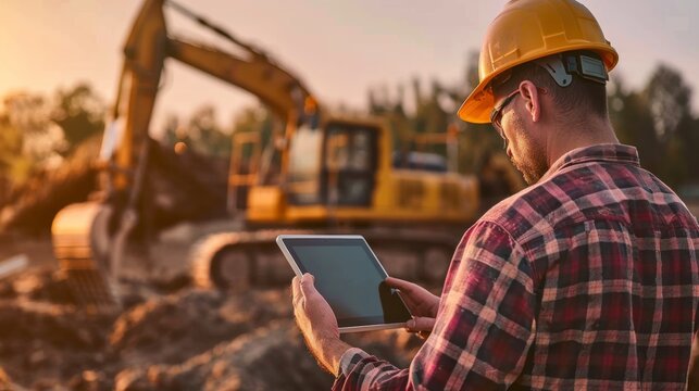 Industrial worker male senior in helmet holds tablet computer on background of production of escovator factory.
