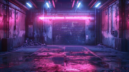 Neon-Lit Industrial Garage with Grungy Walls and Reflective Wet Floor in Cyberpunk Style