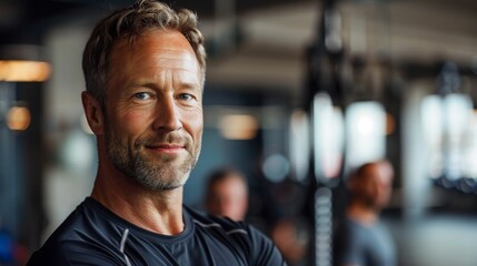 Fototapeta premium A man with a beard and graying hair wearing a black athletic shirt standing confidently in a gym with a slight smile on his face.