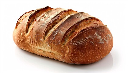 Freshly Baked Artisan Bread Loaf with Golden Crust and Rustic Texture on White Background