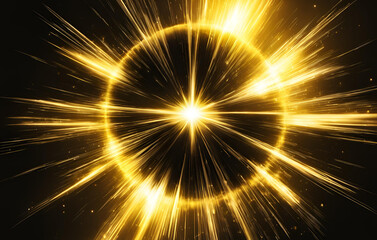 Naklejka premium Golden sparkle energy burst in the sky wallpaper, Yellow light lens flare on black background 