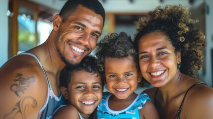 Fototapeta premium A joyful family of four posing for a photo with smiles two adults and two children in a warm and loving moment.