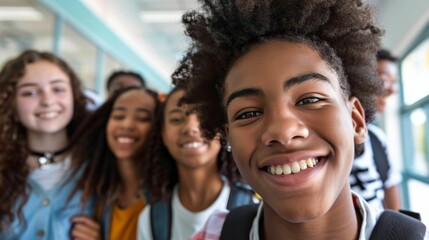 Fototapeta premium A group of happy children smiling with one boy in the foreground looking directly at the camera all wearing backpacks suggesting they are students.