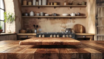 Rustic Wooden Kitchen Interior with Shelves and Cooking Utensils in Cozy Sunlit Atmosphere