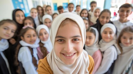 A young girl with a white headscarf smiling at the camera surrounded by a group of children wearing similar headscarves all posing for a photo.