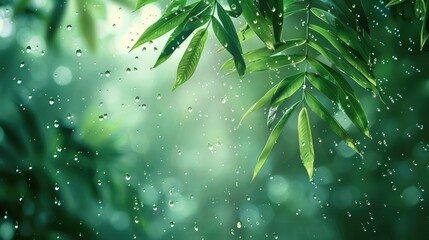 Tropical summer rain fresh green leaf drop