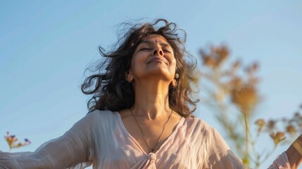 A woman with closed eyes smiling and her arms outstretched standing in a field with her hair blowing in the wind.