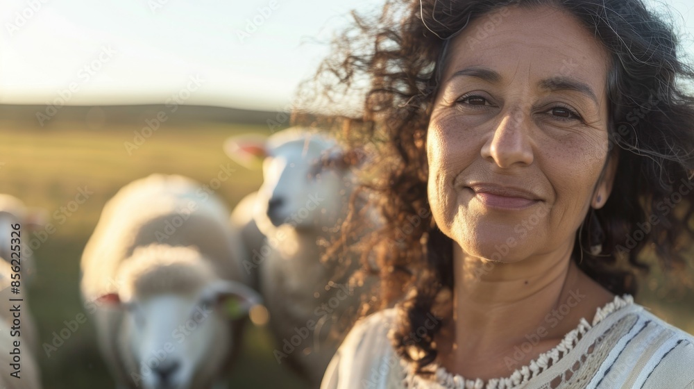 Wall mural A woman with curly hair smiling at the camera standing in a field with sheep in the background during what appears to be sunset.