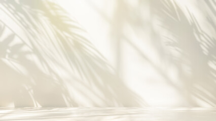 Obraz premium Blurred shadow from palm leaves on light cream wall. Minimalistic beautiful summer spring abstract background for product presentation, luxury cosmetic product display background