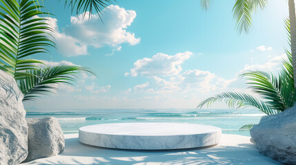 Fototapeta premium White stone podium on summer beach background, Empty podium for product presentation with palm leaf on seascape