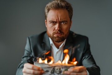 An intense man in a suit burns money, invoking emotions of anger, frustration, and disbelief