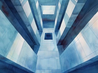 Abstract Geometric Architecture features a modern structure with sharp angles and clean lines, cool blue palette, creating a sense of depth and dimension.