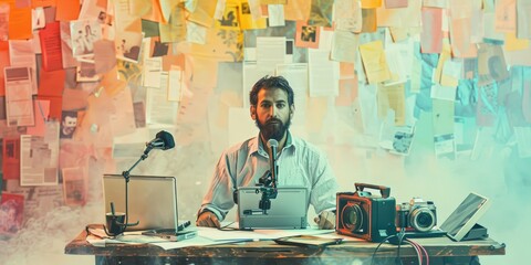 A man sits at a desk in front of a colorful wall He is wearing a white shirt and has a beard On the desk is a microphone, a camera, and some papers. AIGZ01