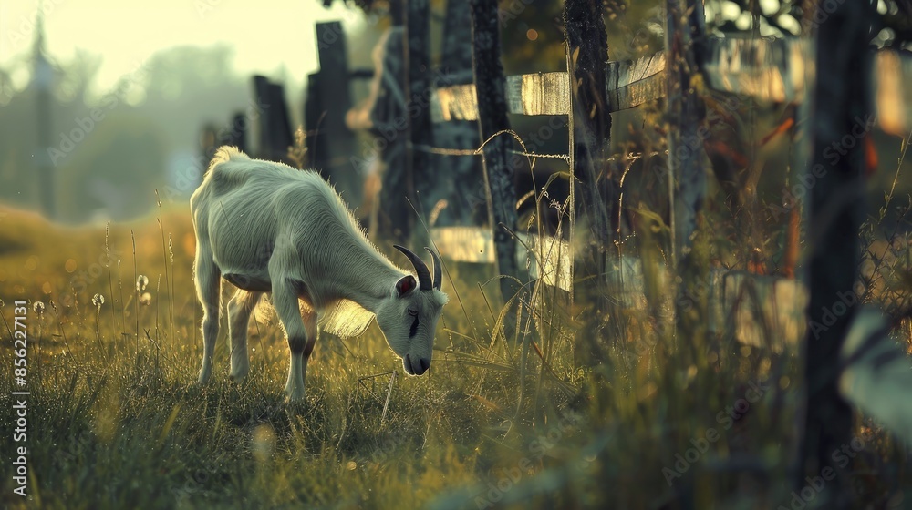 Sticker A village goat is seen grazing by a fence with a blurred background and room for text