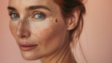 Fototapeta premium A close-up portrait of a woman with freckles a small tattoo on her cheek and striking blue eyes set against a soft pink background.