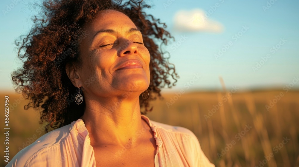 Sticker A woman with curly hair wearing a pink blouse smiling with her eyes closed standing in a field with tall grass under a blue sky with a few clouds.