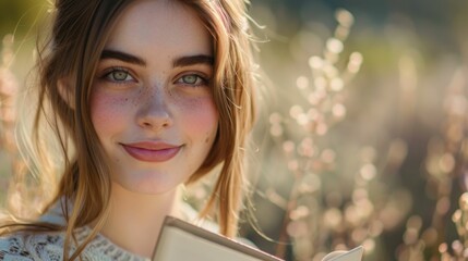 Naklejka premium A young woman with freckles wearing a white top smiling at the camera holding a book in a field with blurred flowers in the background.