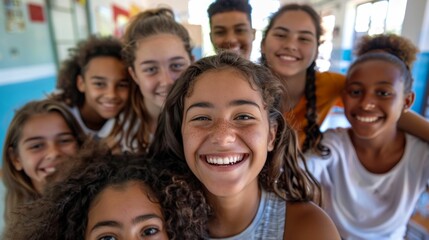 A group of young girls smiling brightly posing together for a photo their joy evident in their expressions and the warmth of their camaraderie.