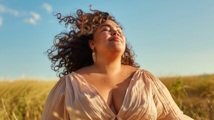 A woman with curly hair wearing a light-colored blouse stands in a field with her eyes closed enjoying the breeze and the open space.