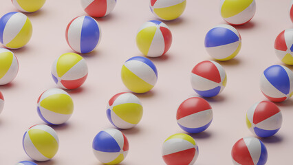 Horizontal image featuring 3D-rendered beach balls in an orthographic style.