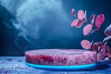 rose quartz natural stone podium for cosmetics or product photography with dark blue neon light