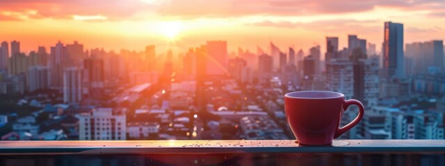 A red coffee cup sits on a ledge overlooking a city at sunset