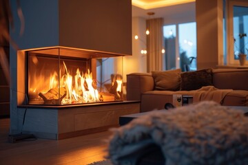 A living room with a fireplace that can be controlled by a smart home app, adjusting the temperature and ambiance from anywhere in the world.