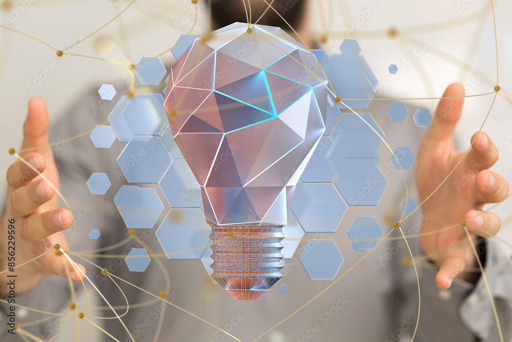 Poster Neural network 3D illustration. Big data and cybersecurity