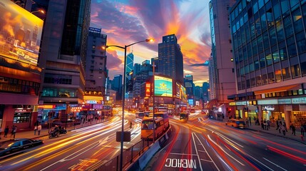 Obraz premium A bustling view of Times Square in the evening, filled with people and illuminated by the iconic bright billboards and advertisements. The sky is painted with soft hues of pink and purple, enhancing t