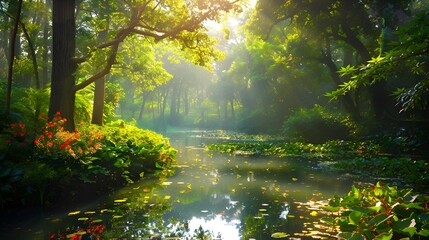 A peaceful forest scene with sunlight filtering through the trees, casting a gentle glow on a tranquil pond. The greenery is lush, and the atmosphere is serene.
