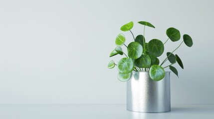 Pilea peperomioides in silver pot on white background with space