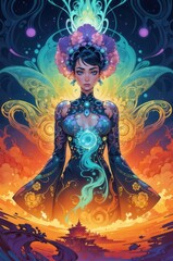 illustration of a woman in a dress at a dreamy abstract world, mother of nature comes to help us find our inner peace and open our chakra and fix our souls.