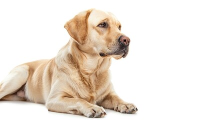 Labrador dog posing in studio isolated on white background representing pet care and friendship with ad space