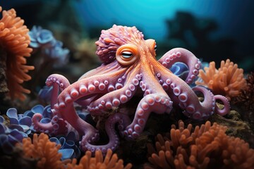 Graceful octopus dancing between colored corals at the bottom of the sea., generative IA