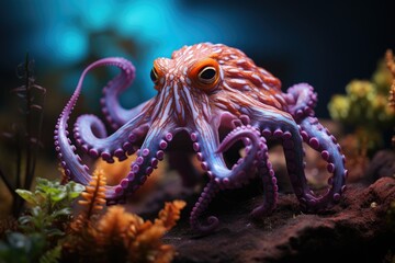 Octopus dancing between colored corals at the bottom of the ocean., generative IA