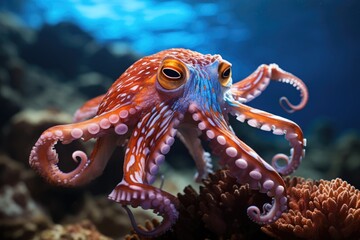 Dance octopus between corals, mesmerizing colors, curious fish., generative IA