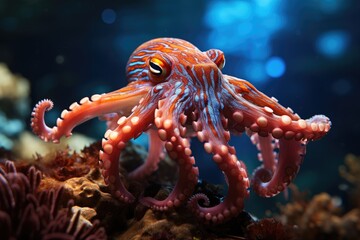 Dance octopus between corals, mesmerizing colors, curious fish., generative IA